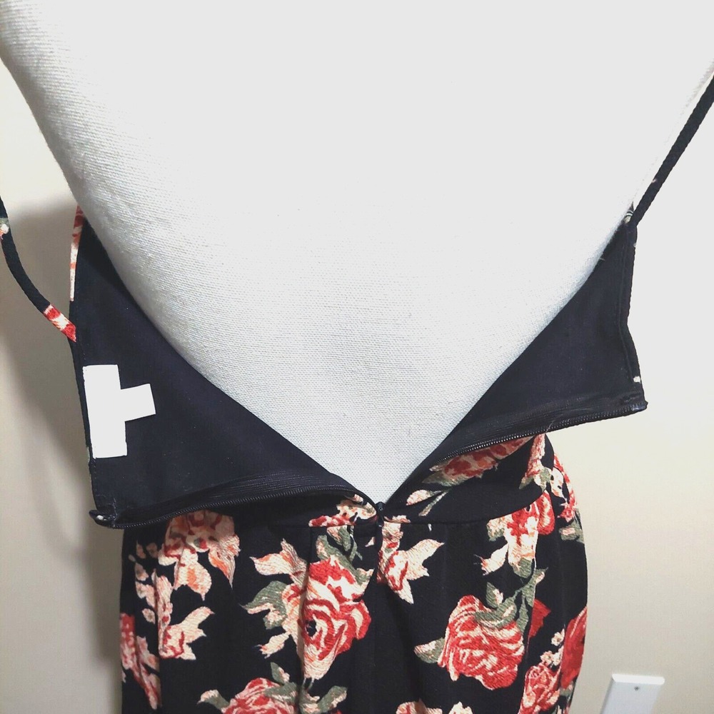 C Womens Small Black Floral Mini Dress Fit & Flare Spaghetti Straps Zipper - Picture 4 of 7